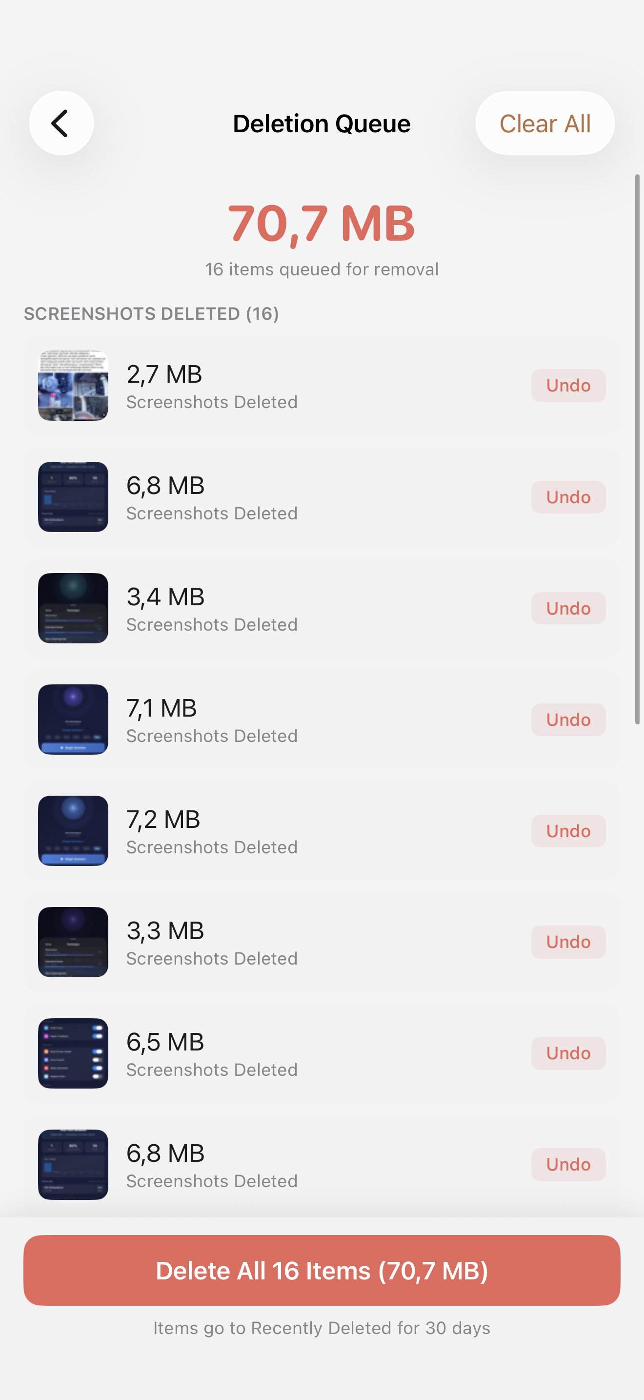 Deletion queue showing 16 items totalling 70.7 MB with undo buttons