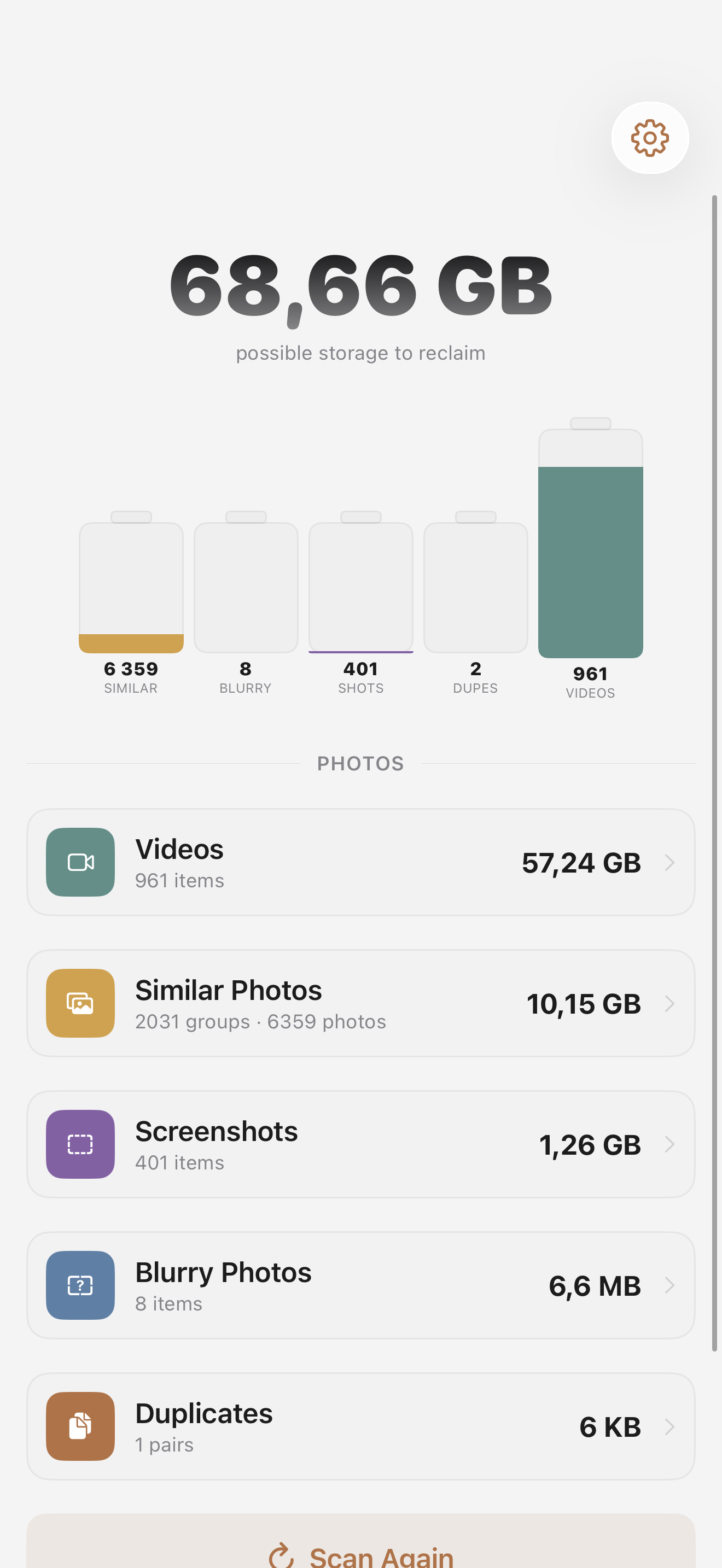Post-scan results showing 68.66 GB reclaimable across categories